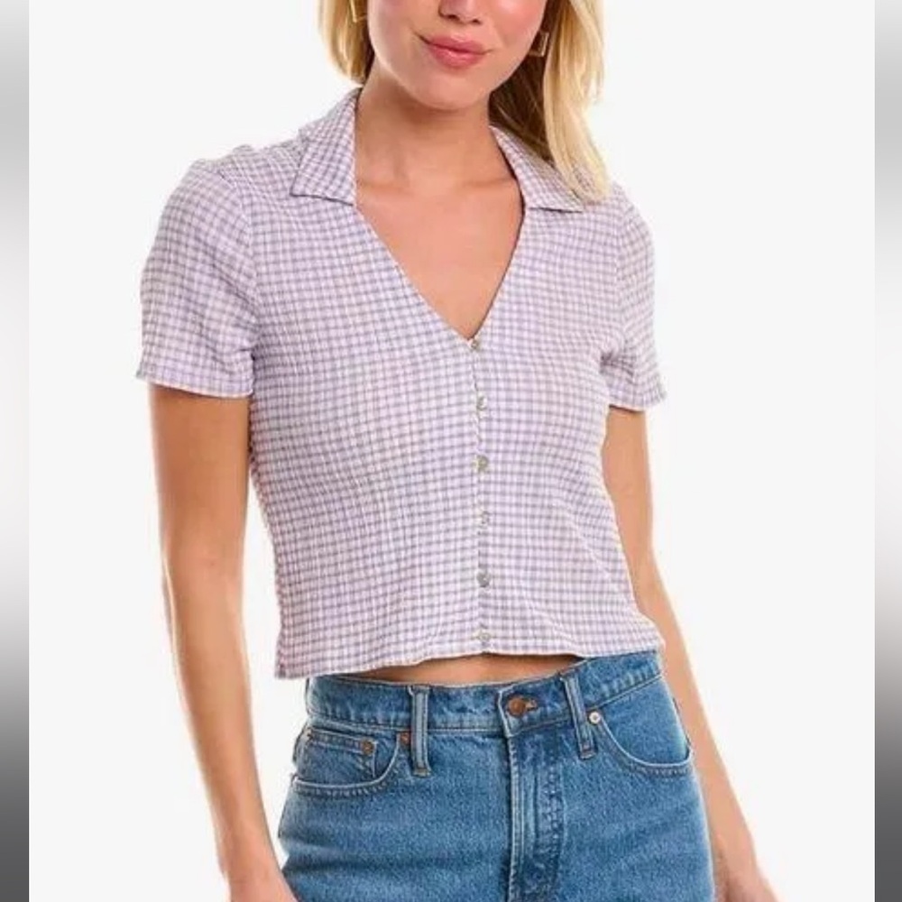 Madewell Lavender Gingham Short Sleeve Button-Down Top